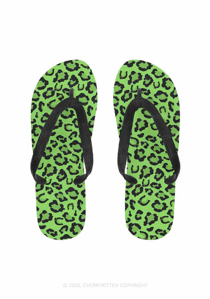 Fluorescent Green Leopard Y2K Print Flip Flops Cherrykitten
