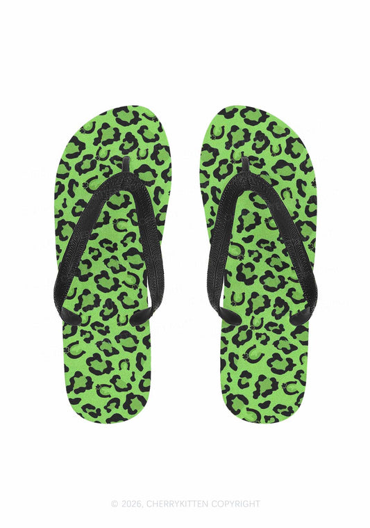 Fluorescent Green Leopard Y2K Print Flip Flops Cherrykitten