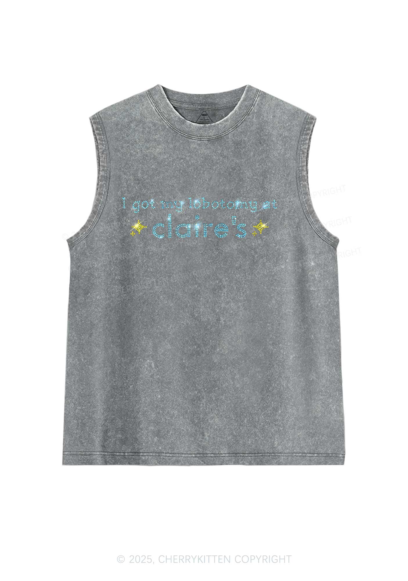 Rhinestone I Got My Lobotomy At Claires Y2K Washed Muscle Tank Cherrykitten