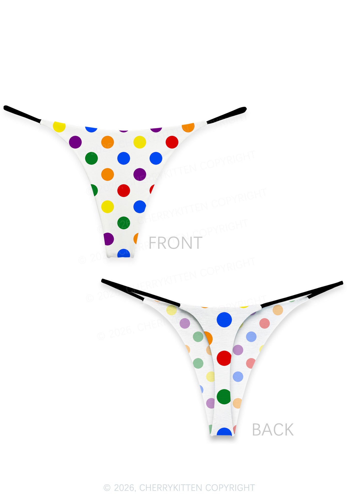 Rainbow Dots On White Pride Y2K Print Bikini String Thong Cherrykitten