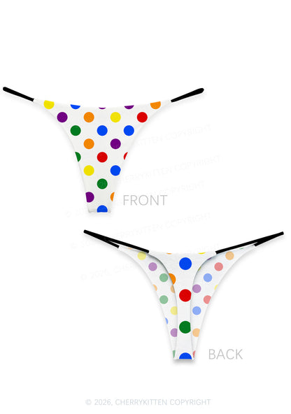 Rainbow Dots On White Pride Y2K Print Bikini String Thong Cherrykitten