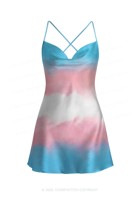 Trans Tie Dye Pride Y2K Print Satin Cowl Neck Slip Dress Cherrykitten