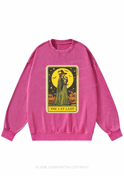 Halloween The Witch Cat Lady Y2K Washed Sweatshirts Cherrykitten