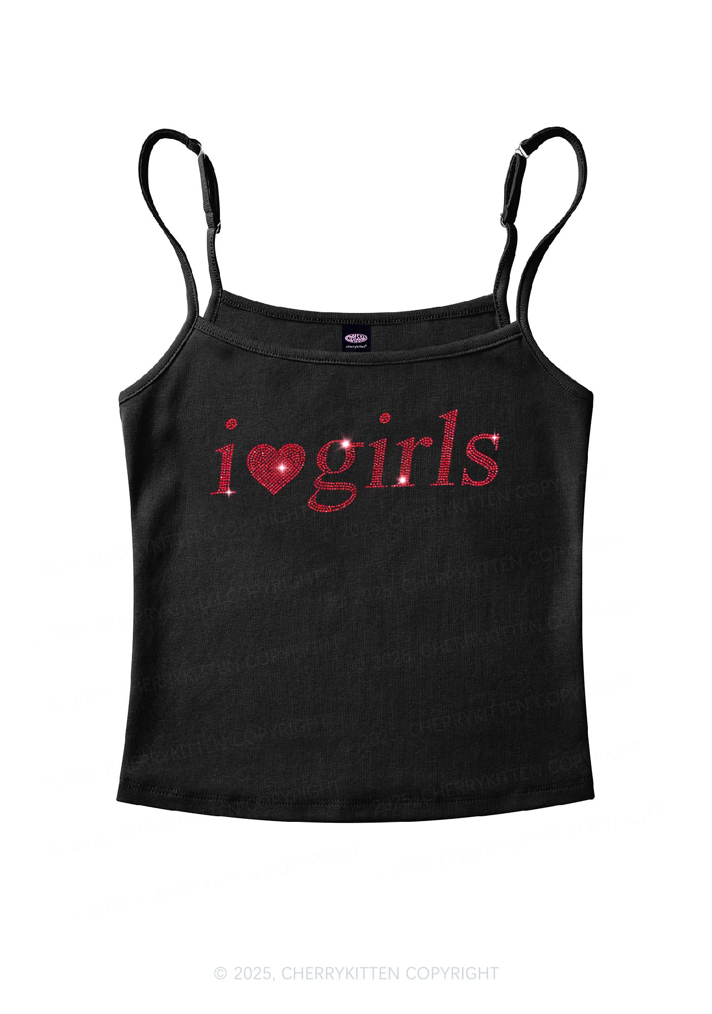 Rhinestone I Love Girls Y2K Spaghetti Strap Cami Cherrykitten