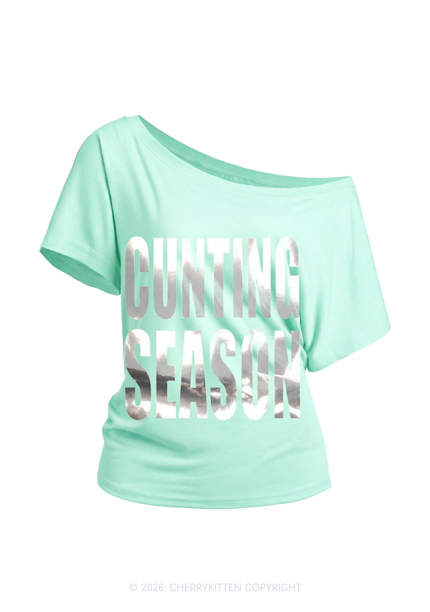 Cxxting Season Silver Foil Printed Y2K Off Shoulder Tee Cherrykitten