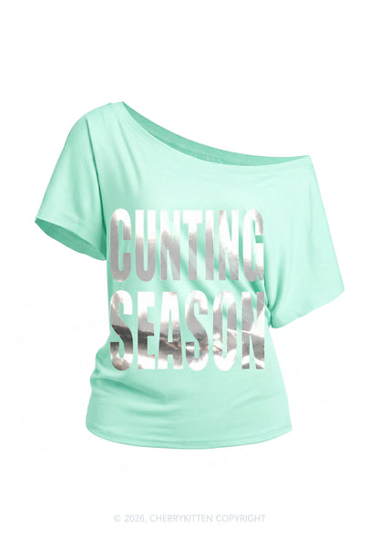 Cxxting Season Silver Foil Printed Y2K Off Shoulder Tee Cherrykitten
