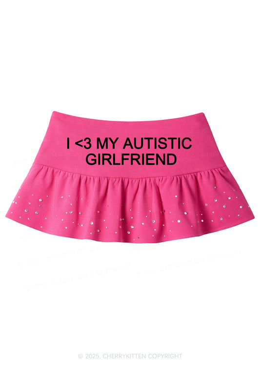 I Love My Autistic GF Valentine's Day Y2K Pink Ruffled Rhinestone Mini Skirt Cherrykitten