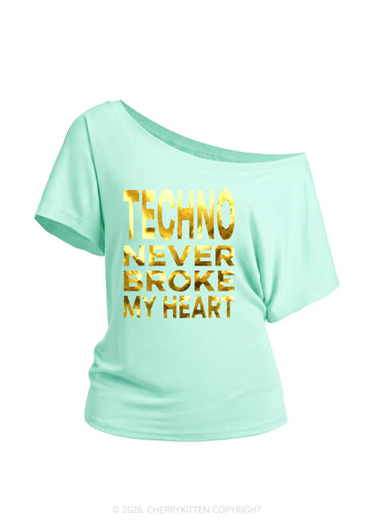 Techno Broke Heart Silver Foil Printed Y2K Off Shoulder Tee Cherrykitten