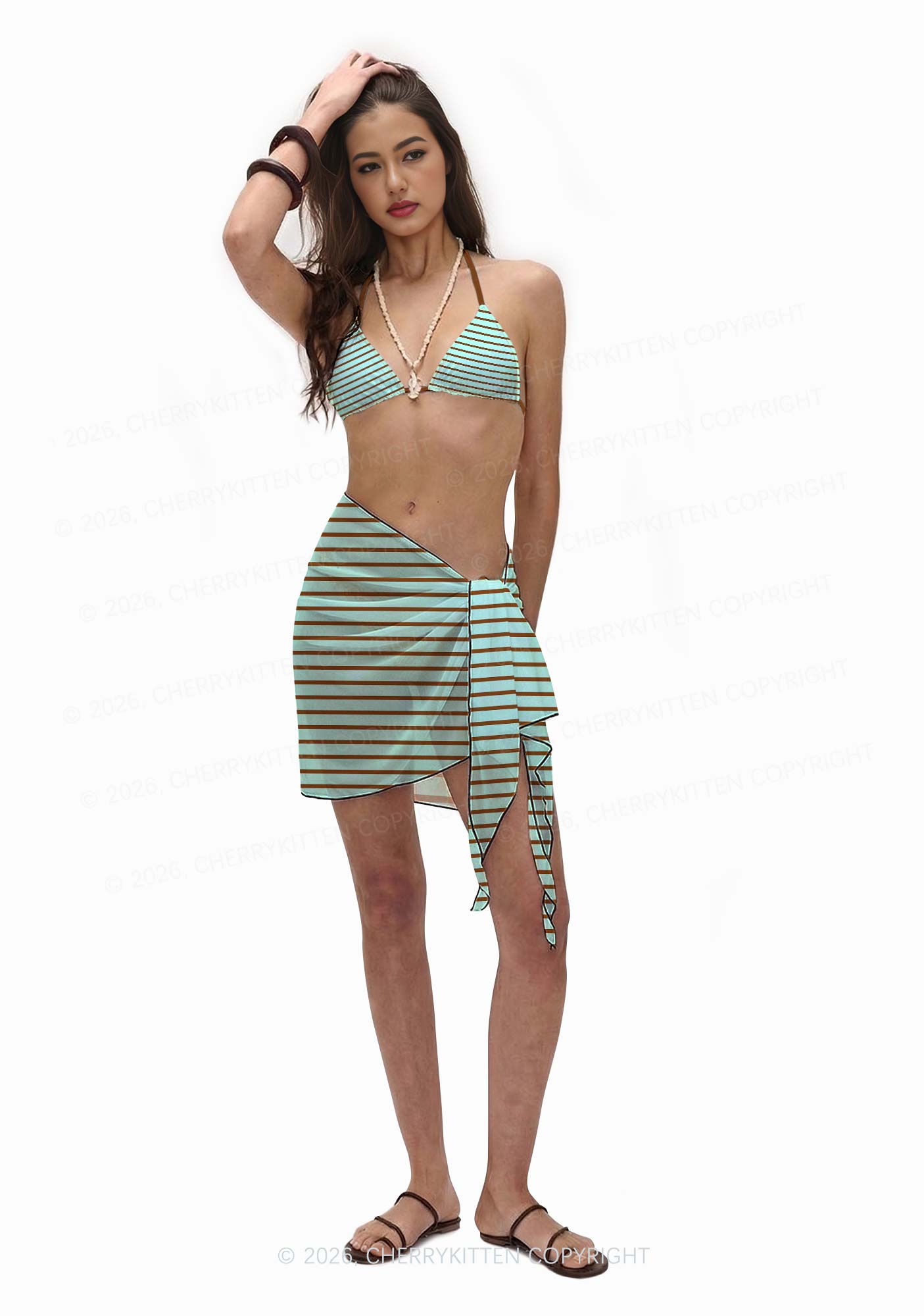 Mint Brown Stripes Y2K Print Bikini Set Cherrykitten