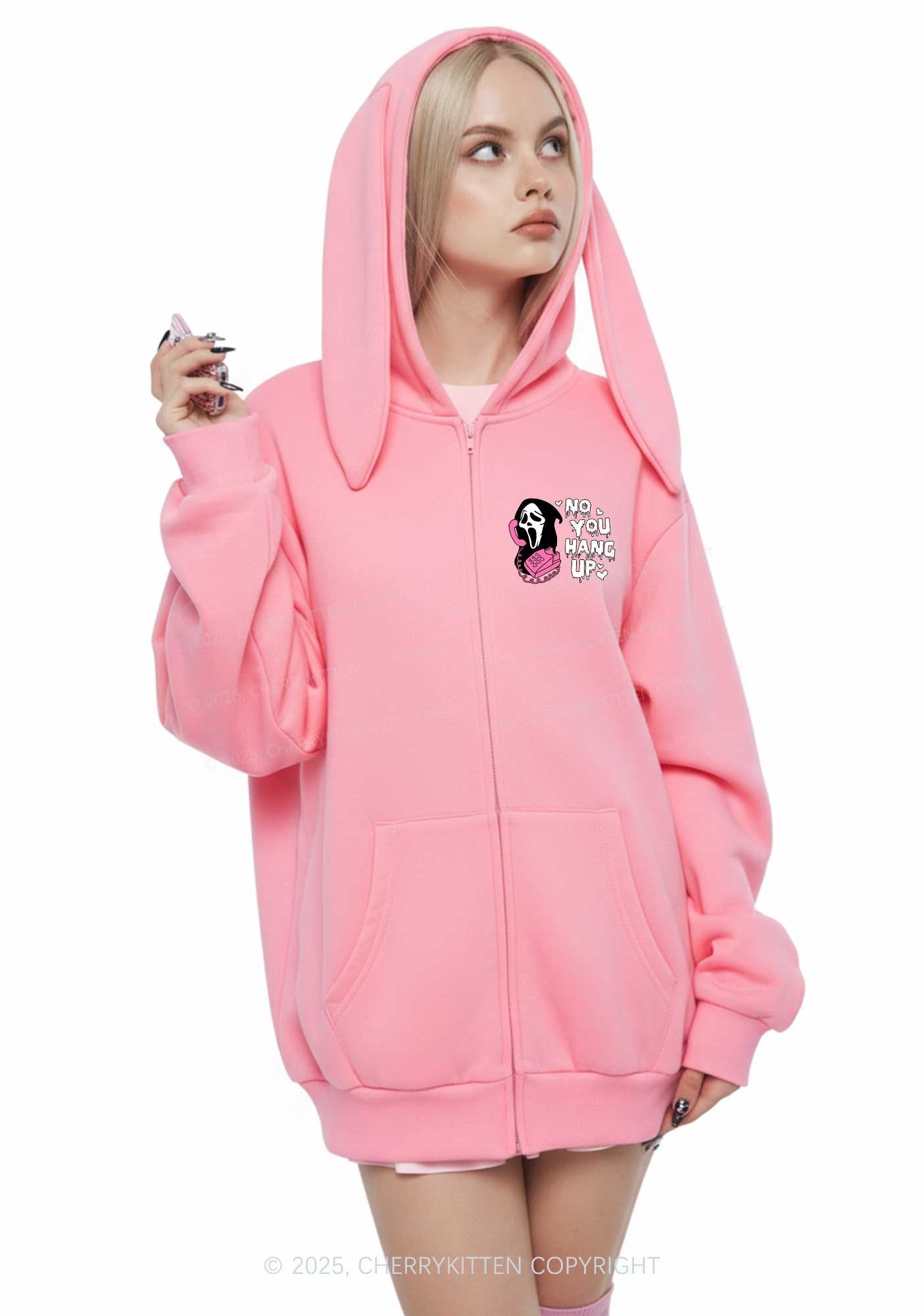 Halloween No You Hang Up Y2K Bunny Ear Zip Hoodie Cherrykitten