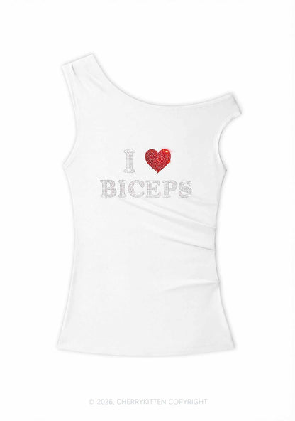 Rhinestone I Love Biceps Y2K Off Shoulder Tank Top Cherrykitten