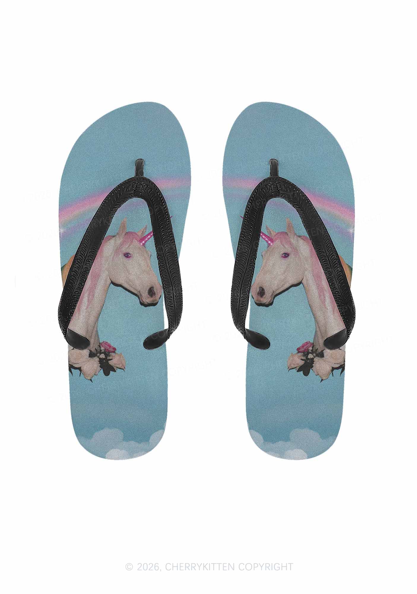 Blue Unicorn Y2K Print Flip Flops Cherrykitten