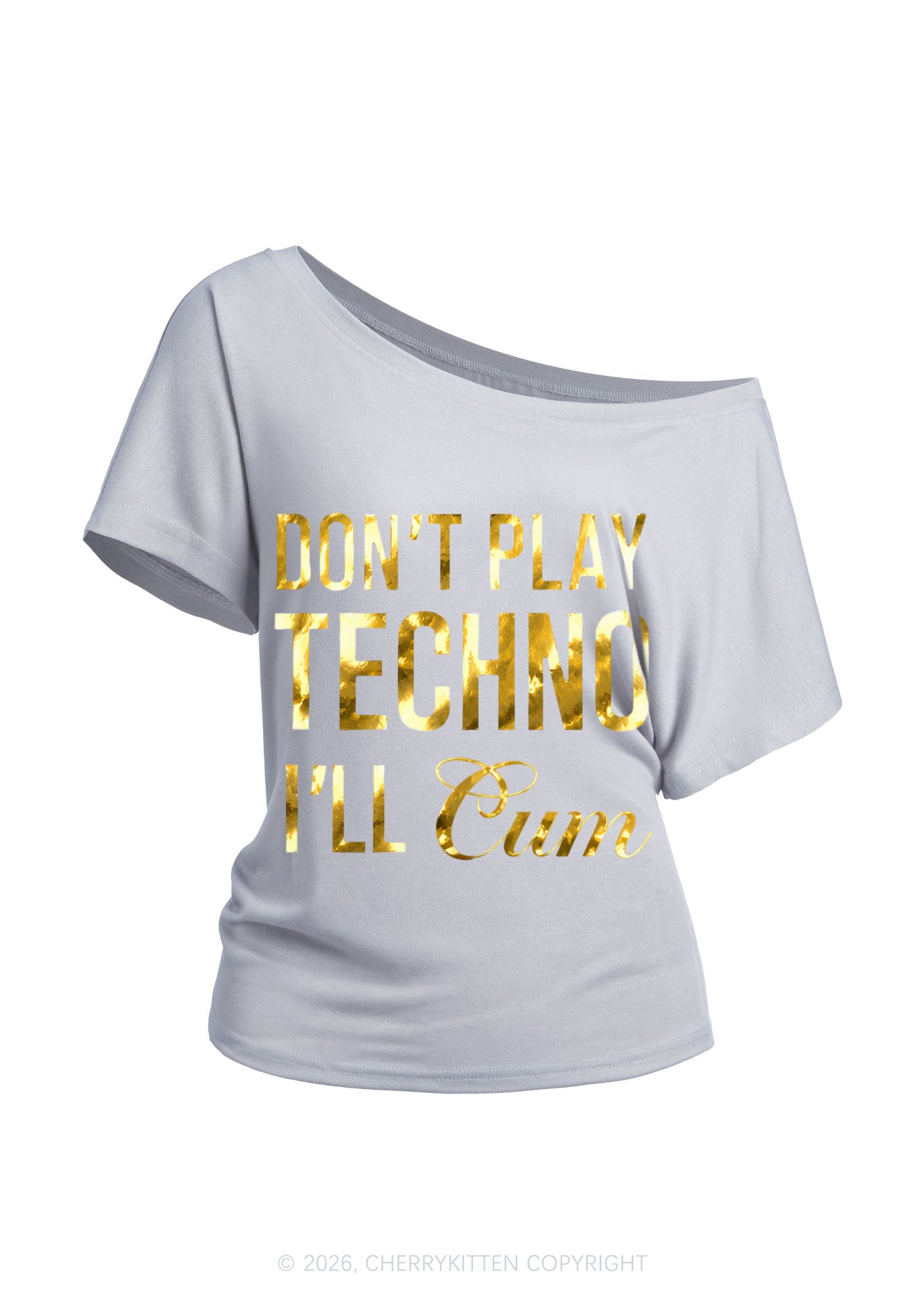 Dont Play Techno Silver Foil Printed Y2K Off Shoulder Tee Cherrykitten