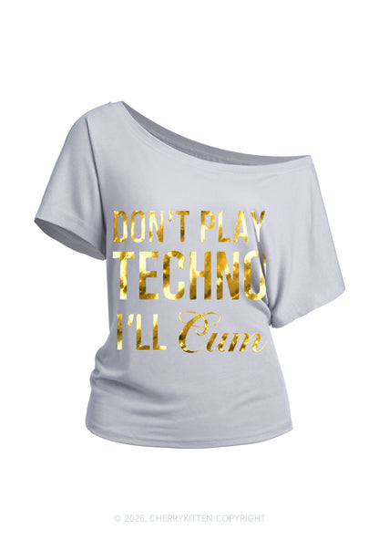 Dont Play Techno Silver Foil Printed Y2K Off Shoulder Tee Cherrykitten