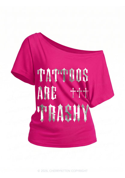 Tattoos Are Trashy Silver Foil Printed Y2K Off Shoulder Tee Cherrykitten