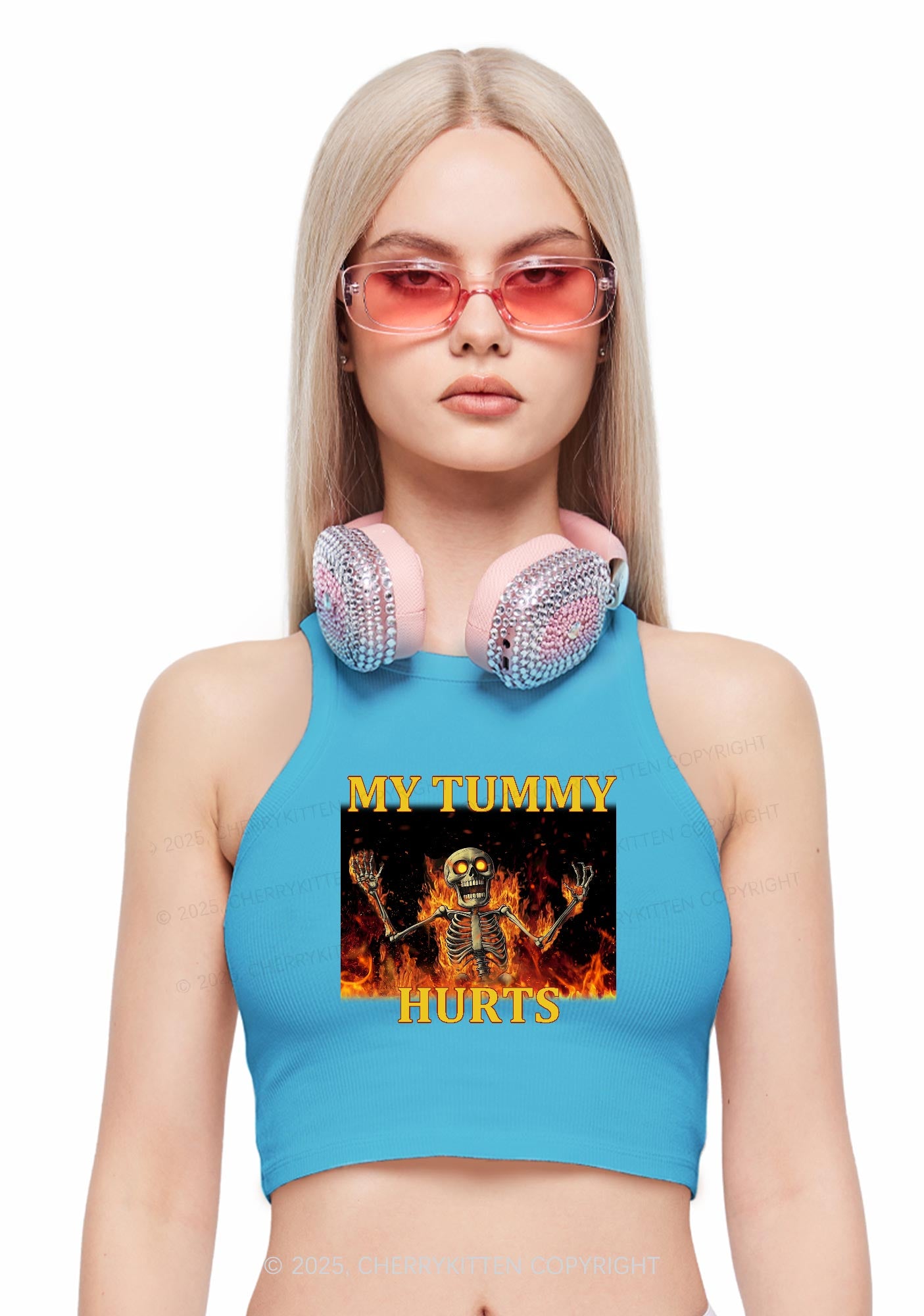 Skeleton Tummy Hurts Y2K Crop Tank Top Cherrykitten