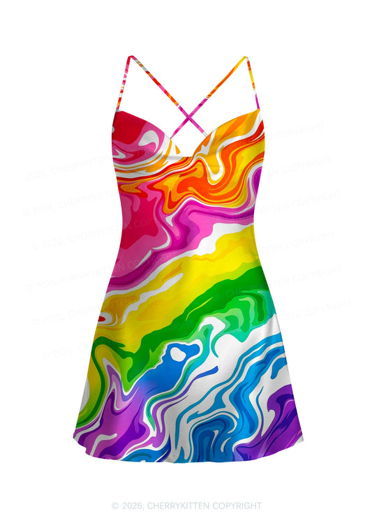 Rainbow Liquid Tie Dye Pride Y2K Print Satin Cowl Neck Slip Dress Cherrykitten