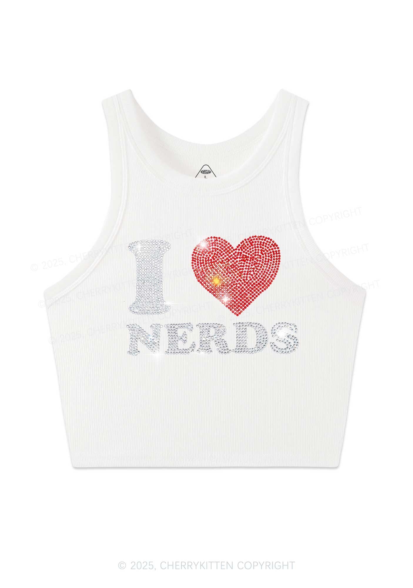 Rhinestone I Love Nerds Y2K Crop Tank Top Cherrykitten