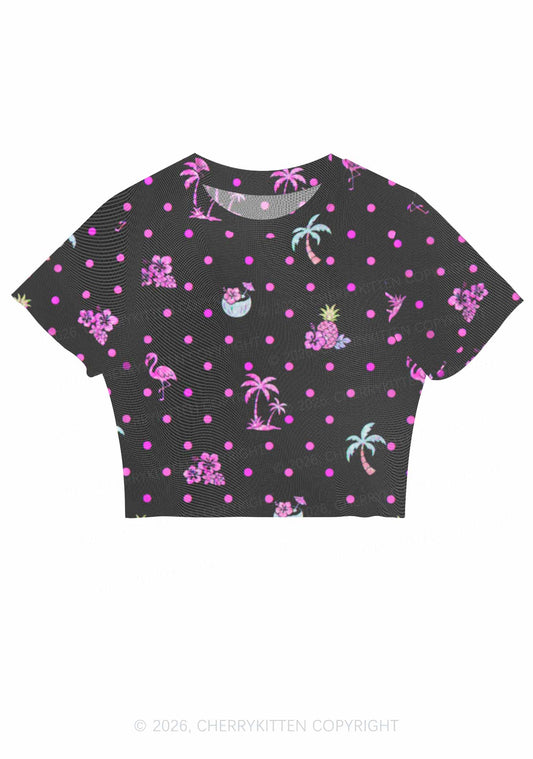 Pink Dots Palm Tree Y2K Mesh Crop Top Cherrykitten