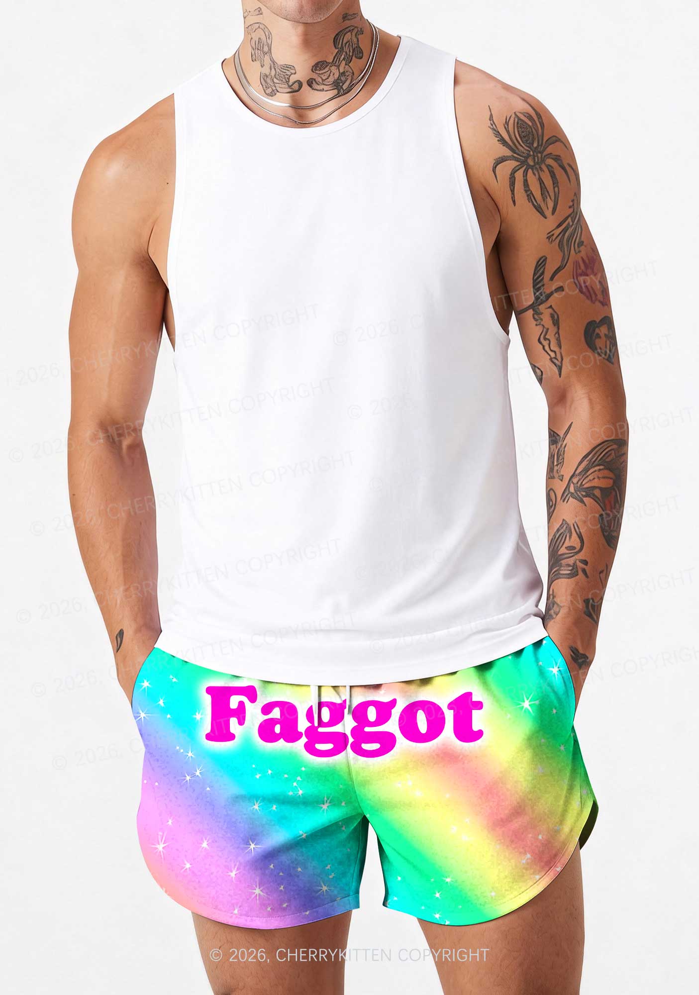 Rainbow Slide Faggot Pride Y2K Print Men Beach Shorts Cherrykitten
