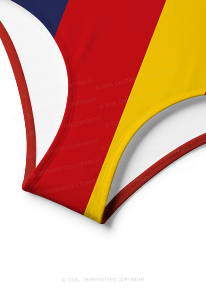 Red Navy Yellow Vertical Stripe Y2K Print Bikini Set Cherrykitten