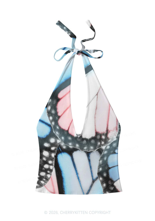 Trans Butterfly Wing Pride Y2K Print Halter Deep V Neck Cami Cherrykitten