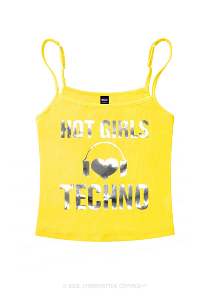 Hot Girls Love Techno Silver Foil Printed Y2K Spaghetti Strap Cami Cherrykitten