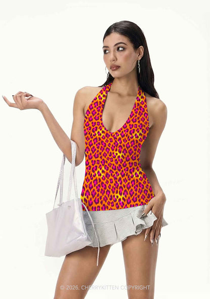 Orange Leopard Y2K Print Halter Deep V Neck Cami Cherrykitten