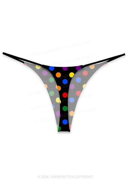 Rainbow Dots On Black Pride Y2K Print Bikini String Thong Cherrykitten