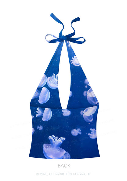 Deep Sea White Jellyfish Y2K Print Halter Deep V Neck Cami Cherrykitten