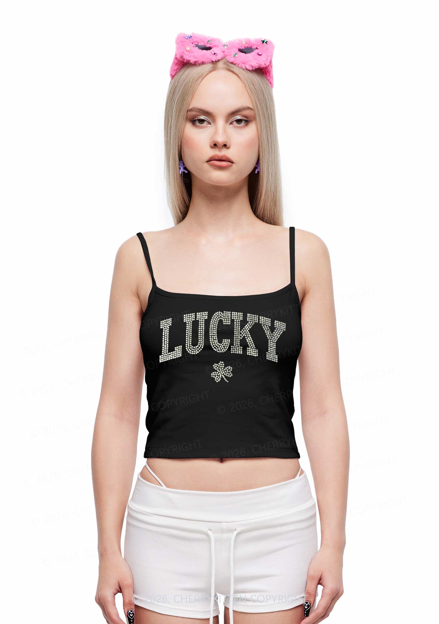 Rhinestone Lucky Shamrock St Patricks Y2K Spaghetti Strap Cami Cherrykitten