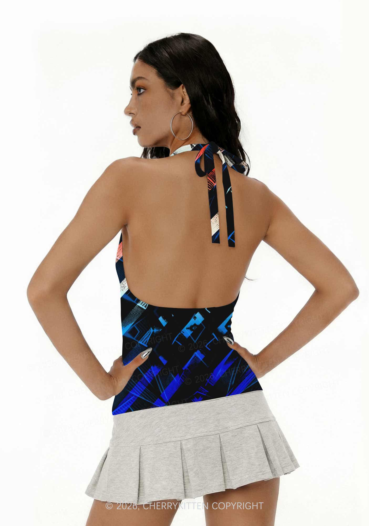 Red Blue Gradient Diagonal Stripe Y2K Print Halter Deep V Neck Cami Cherrykitten