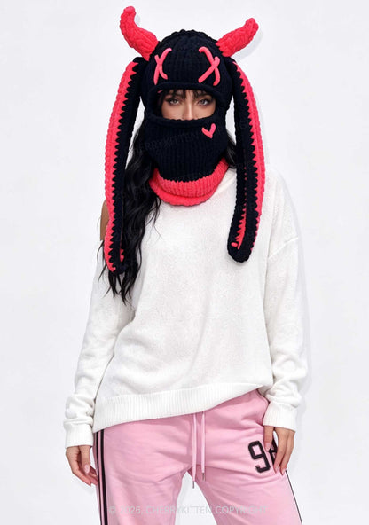Halloween Bunny Ear Devil Horn Y2K Knitted Balaclava Cherrykitten