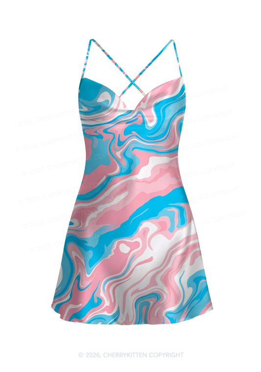 Trans Liquid Tie Dye Pride Y2K Print Satin Cowl Neck Slip Dress Cherrykitten