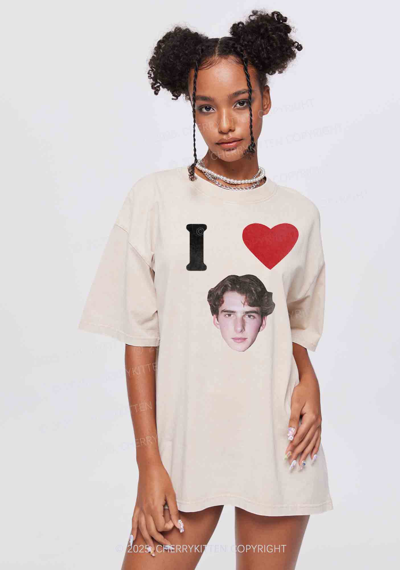 I Love Custom Portrait Y2K Valentine's Day Washed Tee Cherrykitten