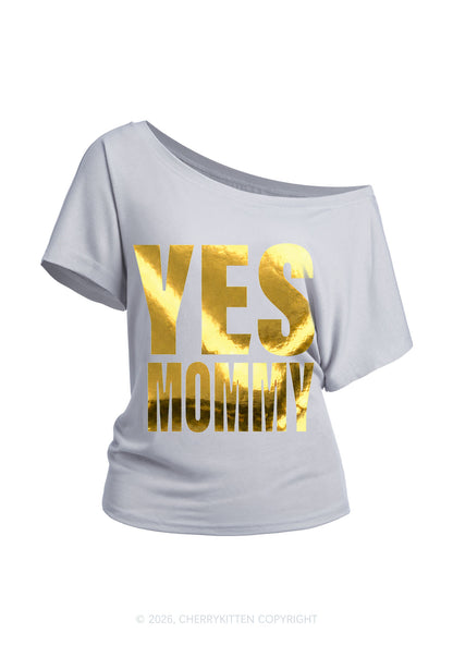 Yes Mommy Silver Foil Printed Y2K Off Shoulder Tee Cherrykitten