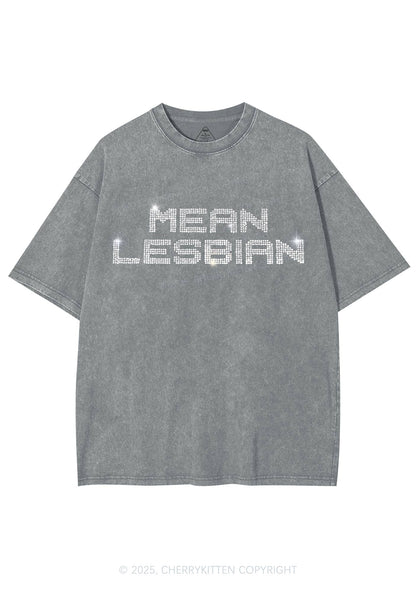 Rhinestone Mean Lesbian Pride Y2K Shirts Washed Tee Cherrykitten