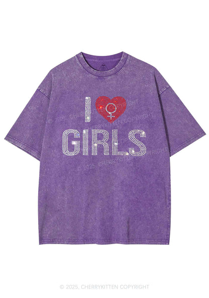Rhinestone I Love Girls Pride Y2K Shirts Washed Tee Cherrykitten