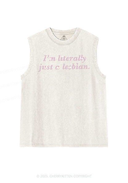 Rhinestone Literally Just A Lesbian Pride Y2K Washed Muscle Tank Cherrykitten