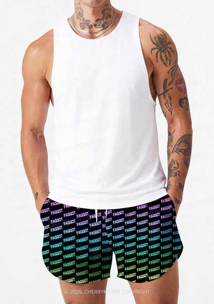 Neon Rainbow Faggot Pride Y2K Print Men Beach Shorts Cherrykitten