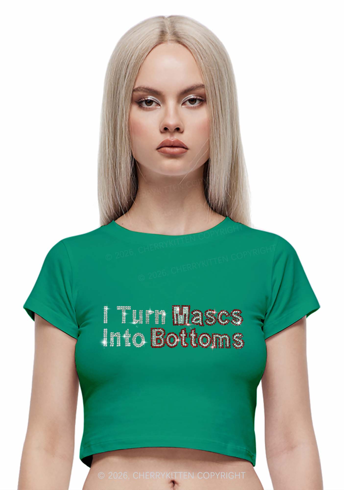 Rhinestone I Turn Mascs Into Bottoms Y2K Baby Tee Cherrykitten