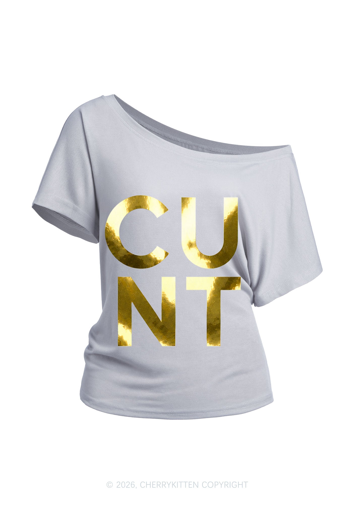 Cxxt Silver Foil Printed Y2K Off Shoulder Tee Cherrykitten