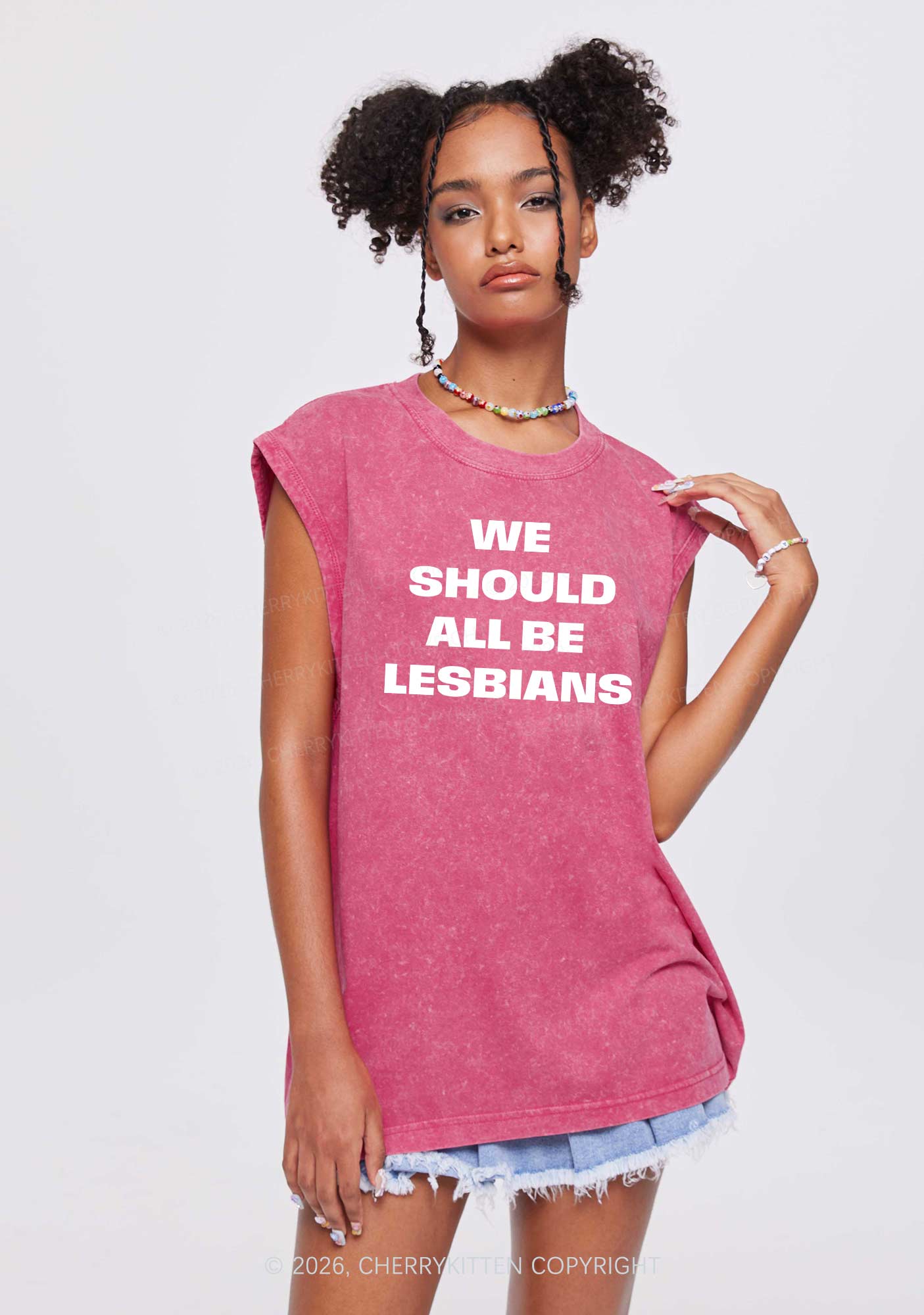 We Should All Be Lesbians Pride Y2K Washed Muscle Tank Cherrykitten