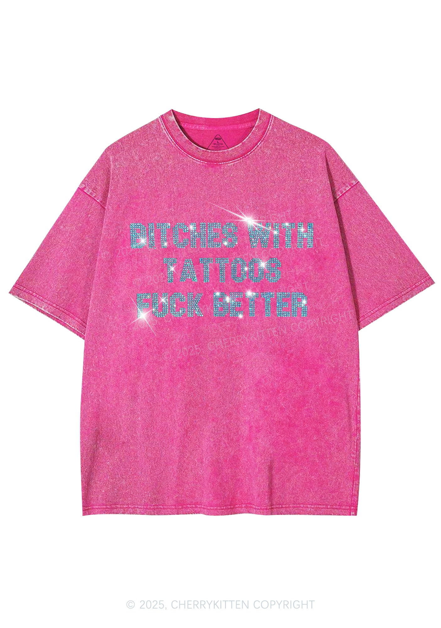Rhinestone Bxxches With Tattoos Fxxk Better Y2K Shirts Washed Tee Cherrykitten