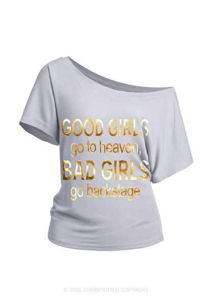 Bad Girls Go Backstage Silver Foil Printed Y2K Off Shoulder Tee Cherrykitten