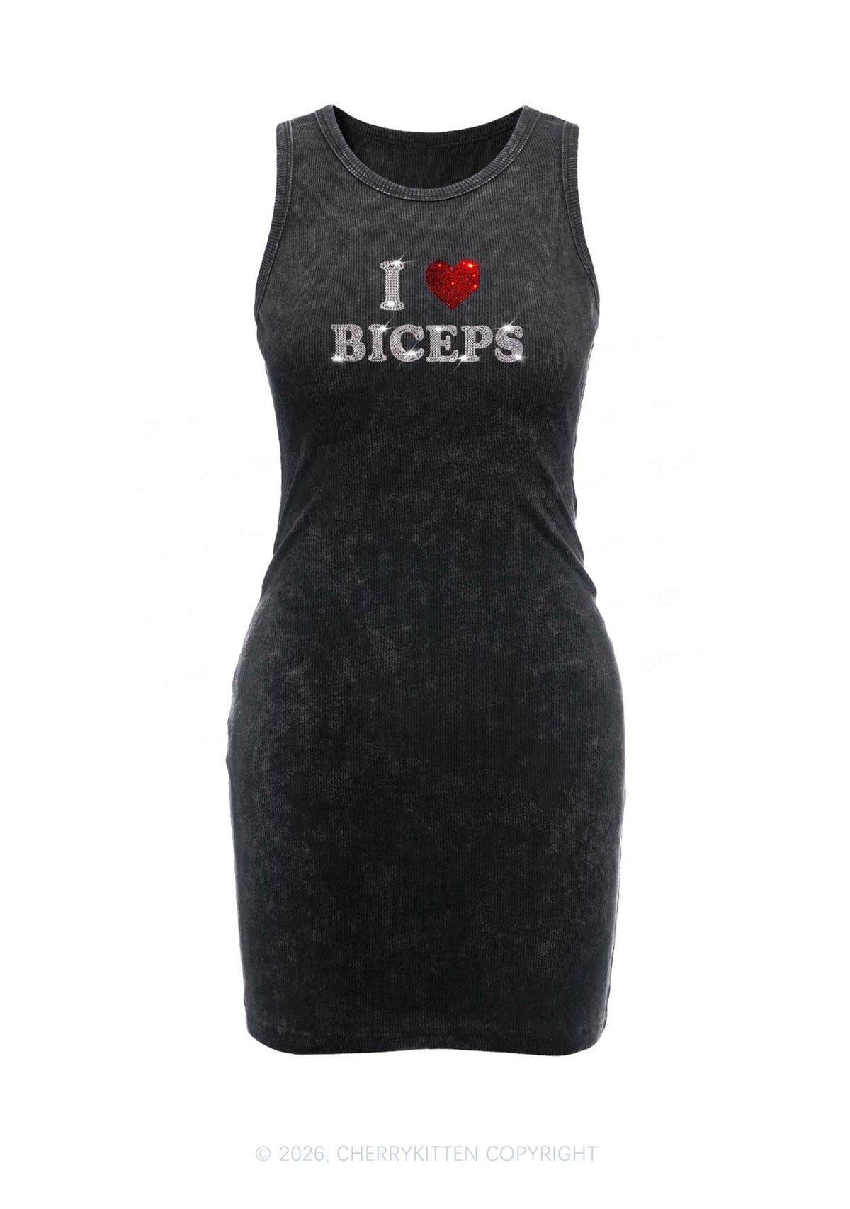 Rhinestone I Love Biceps Y2K Washed Tank Dress Cherrykitten