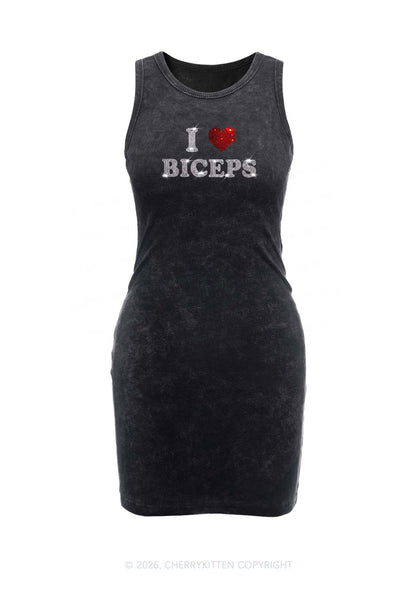 Rhinestone I Love Biceps Y2K Washed Tank Dress Cherrykitten