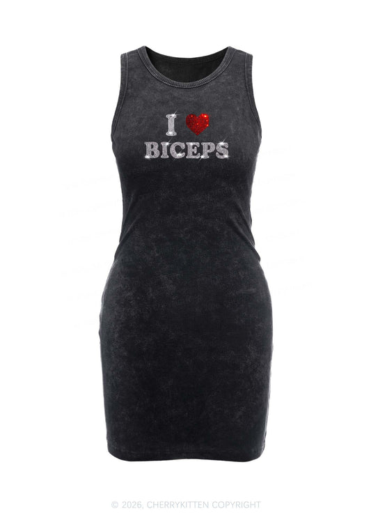 Rhinestone I Love Biceps Y2K Washed Tank Dress Cherrykitten