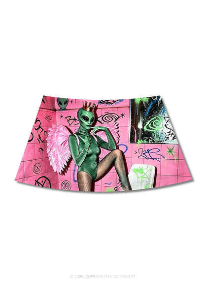 Alien Angel Graffiti Wall Y2K Print Mini Skirt Cherrykitten
