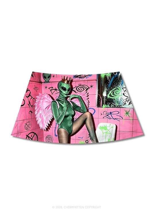 Alien Angel Graffiti Wall Y2K Print Mini Skirt Cherrykitten